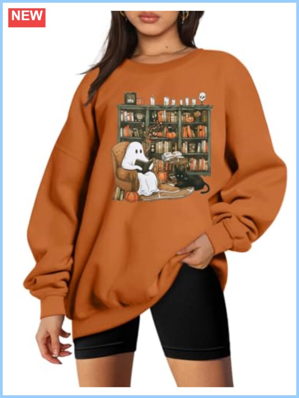 Halloween Ghost Reading Book Sweatshirt Women Crew Neck Pullover